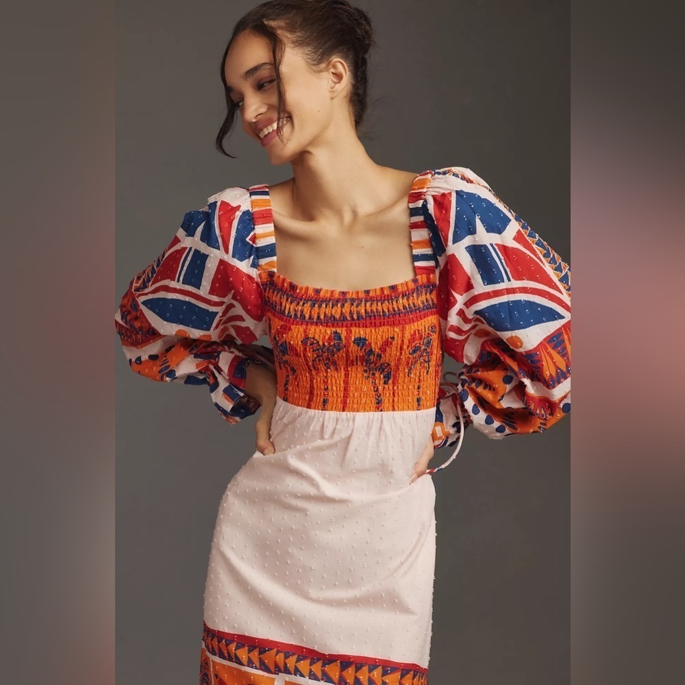 NWT Farm Rio Long-Sleeve Smocked Printed Midi Dress - Picture 3 of 3